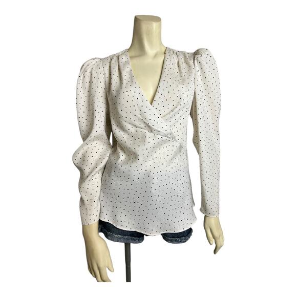 Express XS Polka Dot Blouse Shirt Top Preppy Twee V-neck Puff Sleeve Ivory - Picture 1 of 7